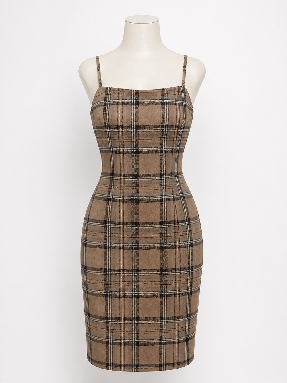 Papaya Plaid Square-Neck Midi Dress in Brown